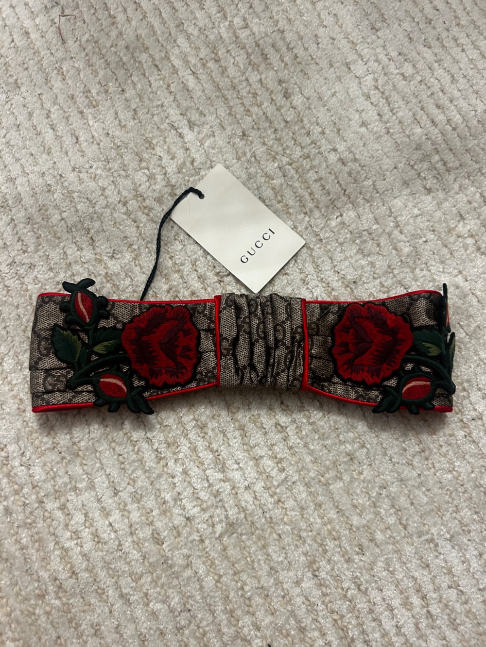 Gucci Brown Monogram Headband with Red Rose Embroidery
